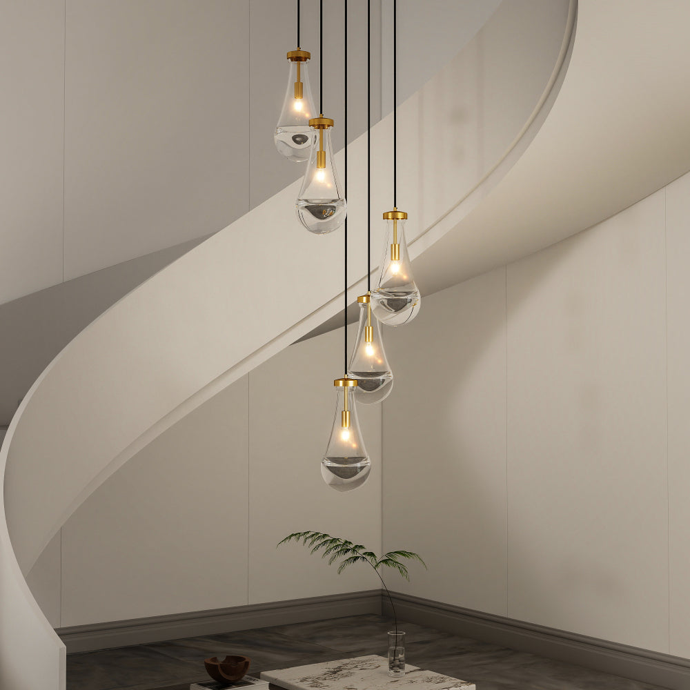Raindrop Cluster Pendant Chandelier | 5 or 7-Light Hand-Blown Glass, Black or Gold — Adjustable to 100", High Ceiling Foyer, Stairwell & Living Room