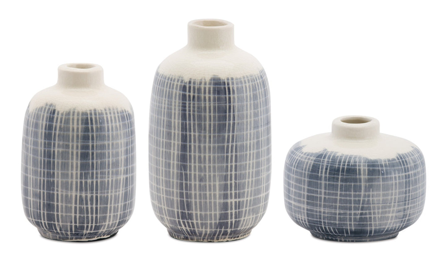 Mini Terra Cotta Bud Vase with Navy Criss Cross Pattern (Set of 6)