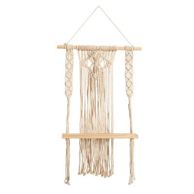 24" Boho Chic Wood Macrame Single Shelf Woven Diamond Wall Art Décor