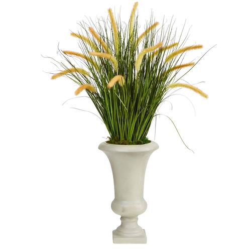 34" Onion Grass Artificial Plant in Sand Colored Urn