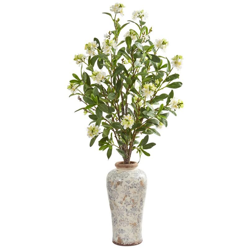 Peach Blossom Artificial Arrangement in Floral Printed Urn