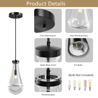 Raindrop Pendant Light – Hand-Blown Clear Glass Shade & Brass/Black Rod | Kitchen Island, Dining Room & Entryway