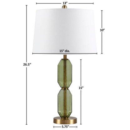 Faceted Green Glass Table Lamp – Gold Metal Base & White Fabric Shade | LED Bulb Included | Modern Accent Lamp