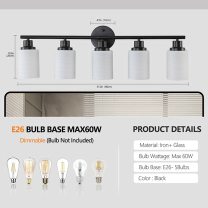 Vanity Light Fixture | 4/5/6/8-Light Bathroom Wall Sconce with Frosted White Glass & Iron Frame — Black, Chrome or Gold, 4 Sizes
