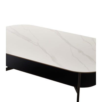 Ceramic Sintered Stone Coffee Table with Walnut Shelf | 47" Double-Layer Living Room Center Table — White & Coffee Brown