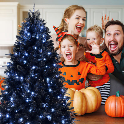 5 FT Black Christmas Tree with 250 White LED Lights | 1076-Tip PE+PVC Pre-Lit Artificial Tree for Halloween & Holiday Decor — Metal Stand Included