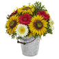 16" Sunflower and Gerber Daisy Artificial Arrangement in Metal Bucket