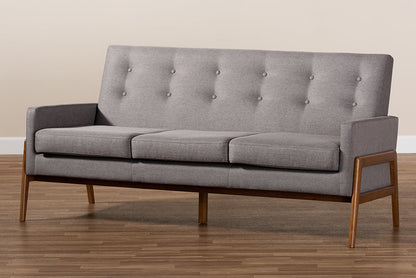Baxton Studio Perris Mid-Century Modern Light Grey Fabric Upholstered Walnut Finished Wood Sofa