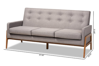Baxton Studio Perris Mid-Century Modern Light Grey Fabric Upholstered Walnut Finished Wood Sofa