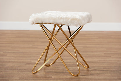 Baxton Studio Valle Glam and Luxe White Faux Fur Upholstered Gold Finished Metal Ottoman