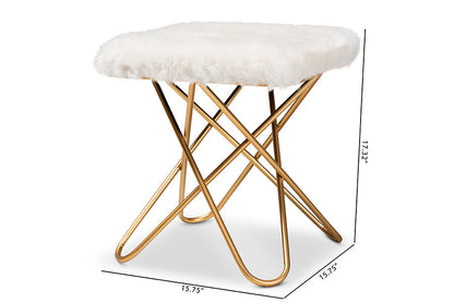 Baxton Studio Valle Glam and Luxe White Faux Fur Upholstered Gold Finished Metal Ottoman