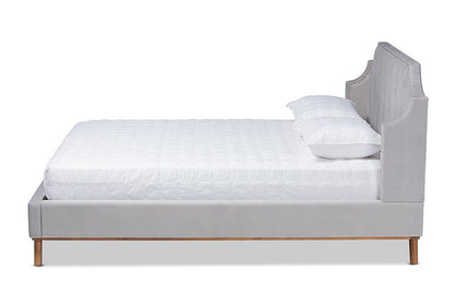 Baxton Studio Adelie Modern Glam Light Grey Velvet Fabric Upholstered Walnut Brown Finished Wood King Size Wingback Platform Bed
