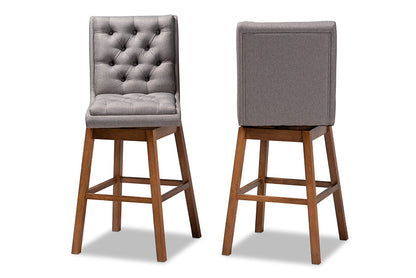 Baxton Studio Gregory Modern Transitional Grey Fabric Upholstered and Walnut Brown Finished Wood 2-Piece Swivel Bar Stool Set Set