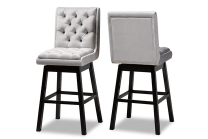 Baxton Studio Gregory Modern Transitional Light Grey Velvet Fabric Upholstered and Dark Brown Finished Wood 2-Piece Swivel Bar Stool Set Set