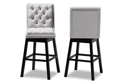 Baxton Studio Gregory Modern Transitional Light Grey Velvet Fabric Upholstered and Dark Brown Finished Wood 2-Piece Swivel Bar Stool Set Set