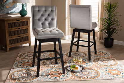 Baxton Studio Gregory Modern Transitional Light Grey Velvet Fabric Upholstered and Dark Brown Finished Wood 2-Piece Swivel Bar Stool Set Set