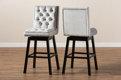 Baxton Studio Gregory Modern Transitional Light Grey Velvet Fabric Upholstered and Dark Brown Finished Wood 2-Piece Swivel Bar Stool Set Set