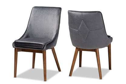 Baxton Studio Gilmore Modern and Contemporary Grey Velvet Fabric Upholstered and Walnut Brown Finished Wood 2-Piece Dining Chair Set Set