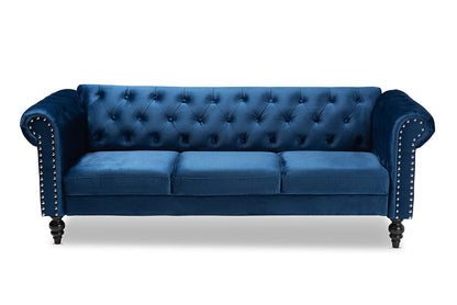 Baxton Studio Emma Traditional and Transitional Navy Blue Velvet Fabric Upholstered and Button Tufted Chesterfield Sofa