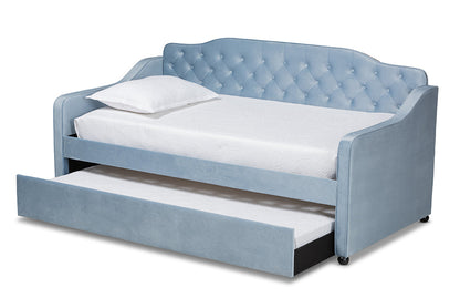 Baxton Studio Freda Traditional and Transitional Light Blue Velvet Fabric Upholstered and Button Tufted Twin Size Daybed with Trundle