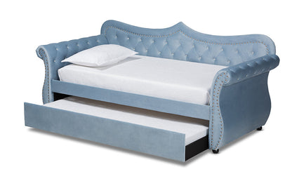 Baxton Studio Abbie Traditional and Transitional Light Blue Velvet Fabric Upholstered and Crystal Tufted Twin Size Daybed with Trundle
