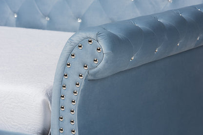 Baxton Studio Abbie Traditional and Transitional Light Blue Velvet Fabric Upholstered and Crystal Tufted Twin Size Daybed with Trundle