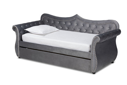 Baxton Studio Abbie Traditional and Transitional Grey Velvet Fabric Upholstered and Crystal Tufted Twin Size Daybed with Trundle