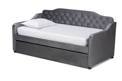 Baxton Studio Freda Traditional and Transitional Grey Velvet Fabric Upholstered and Button Tufted Twin Size Daybed with Trundle