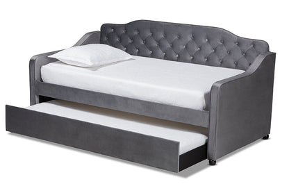 Baxton Studio Freda Traditional and Transitional Grey Velvet Fabric Upholstered and Button Tufted Twin Size Daybed with Trundle