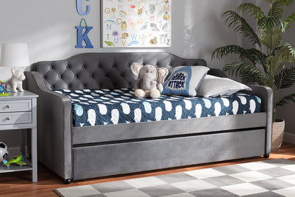Baxton Studio Freda Traditional and Transitional Grey Velvet Fabric Upholstered and Button Tufted Twin Size Daybed with Trundle