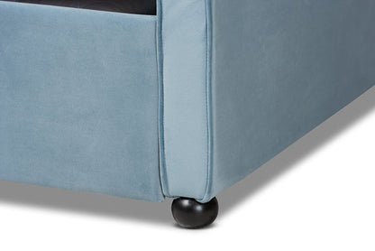 Baxton Studio Freda Transitional and Contemporary Light Blue Velvet Fabric Upholstered and Button Tufted Full Size Daybed with Trundle
