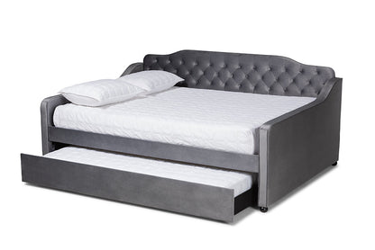 Baxton Studio Freda Transitional and Contemporary Grey Velvet Fabric Upholstered and Button Tufted Full Size Daybed with Trundle