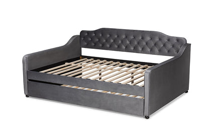 Baxton Studio Freda Transitional and Contemporary Grey Velvet Fabric Upholstered and Button Tufted Full Size Daybed with Trundle