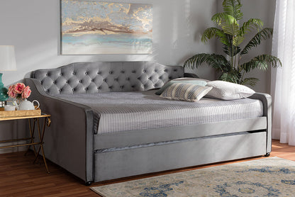 Baxton Studio Freda Transitional and Contemporary Grey Velvet Fabric Upholstered and Button Tufted Full Size Daybed with Trundle