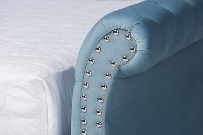 Baxton Studio Abbie Traditional and Transitional Light Blue Velvet Fabric Upholstered and Crystal Tufted Queen Size Daybed with Trundle