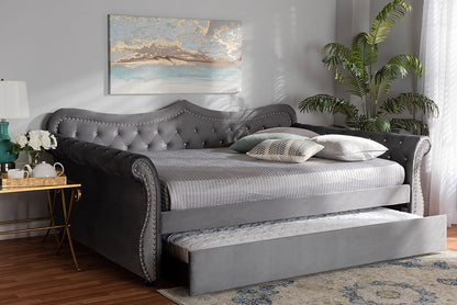 Baxton Studio Abbie Traditional and Transitional Grey Velvet Fabric Upholstered and Crystal Tufted Full Size Daybed with Trundle