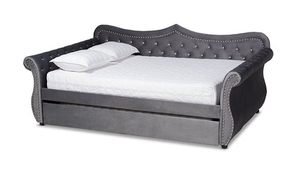 Baxton Studio Abbie Traditional and Transitional Grey Velvet Fabric Upholstered and Crystal Tufted Queen Size Daybed with Trundle