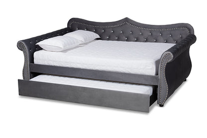 Baxton Studio Abbie Traditional and Transitional Grey Velvet Fabric Upholstered and Crystal Tufted Full Size Daybed with Trundle