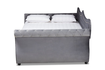 Baxton Studio Abbie Traditional and Transitional Grey Velvet Fabric Upholstered and Crystal Tufted Queen Size Daybed with Trundle