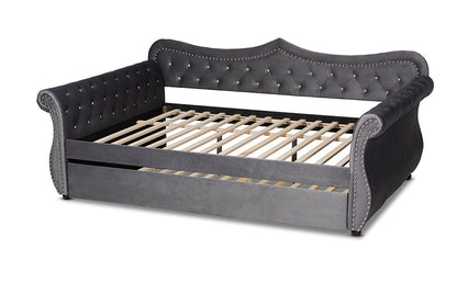 Baxton Studio Abbie Traditional and Transitional Grey Velvet Fabric Upholstered and Crystal Tufted Queen Size Daybed with Trundle