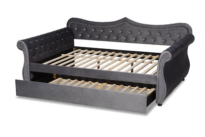 Baxton Studio Abbie Traditional and Transitional Grey Velvet Fabric Upholstered and Crystal Tufted Full Size Daybed with Trundle