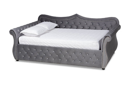 Baxton Studio Abbie Traditional and Transitional Grey Velvet Fabric Upholstered and Crystal Tufted Full Size Daybed