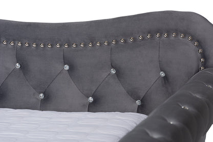 Baxton Studio Abbie Traditional and Transitional Grey Velvet Fabric Upholstered and Crystal Tufted Queen Size Daybed