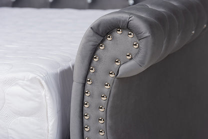 Baxton Studio Abbie Traditional and Transitional Grey Velvet Fabric Upholstered and Crystal Tufted Queen Size Daybed