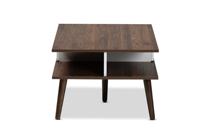 Baxton Studio Merlin Mid-Century Modern Two-Tone Walnut and White Finished 2-Drawer Wood Coffee Table
