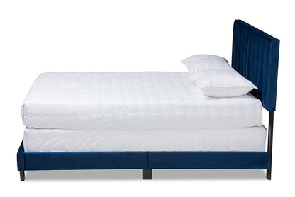 Baxton Studio Clare Glam and Luxe Navy Blue Velvet Fabric Upholstered King Size Panel Bed with Channel Tufted Headboard