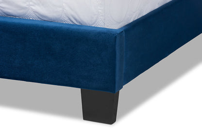 Baxton Studio Clare Glam and Luxe Navy Blue Velvet Fabric Upholstered Queen Size Panel Bed with Channel Tufted Headboard