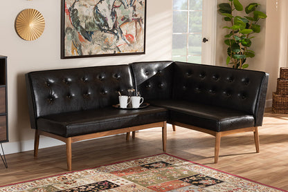 Baxton Studio Arvid Mid-Century Modern Dark Brown Faux Leather Upholstered 2-Piece Wood Dining Nook Banquette Set