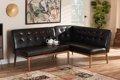 Baxton Studio Arvid Mid-Century Modern Dark Brown Faux Leather Upholstered 2-Piece Wood Dining Nook Banquette Set