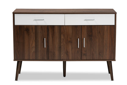 Baxton Studio Leena Mid-Century Modern Two-Tone White and Walnut Brown Finished Wood 2-Drawer Sideboard Buffet